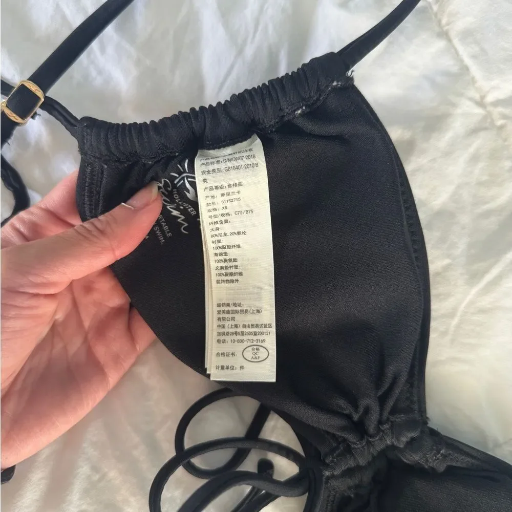 Hollister Cinched Black Bikini Top XS Tie Back Adjustable Straps Ruched Swim